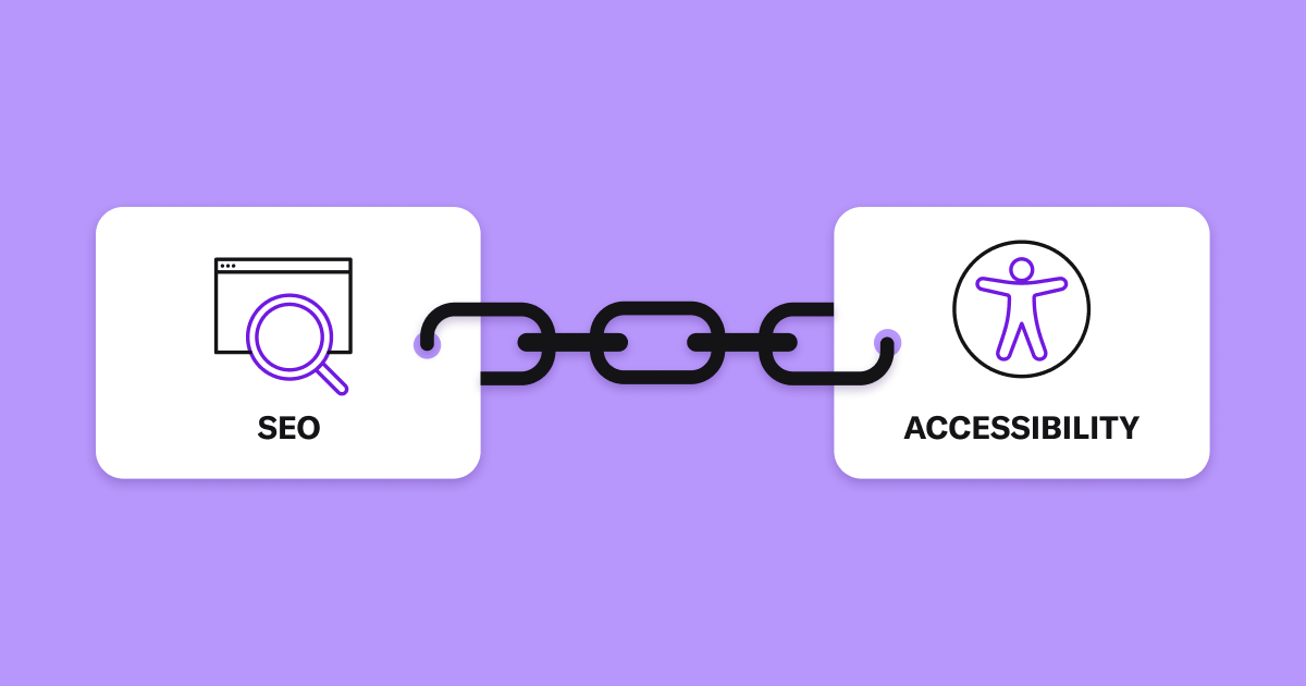 Two white bubbles on purple background, one labeled SEO, and the other labeled accessibility.