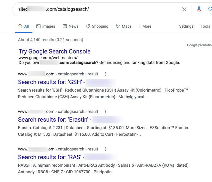Internal search pages indexed in Google search results.