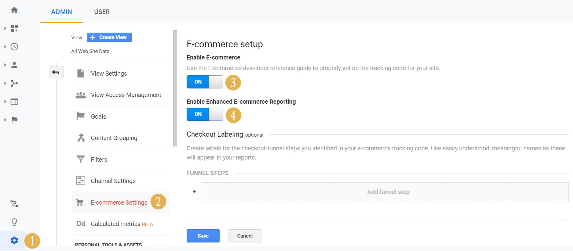 Screenshot of how to turn on e-commerce settings in Google Analytics.