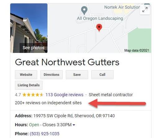 Listing for Great Northwest Gutters with red arrow pointing to number of reviews on independent sites.