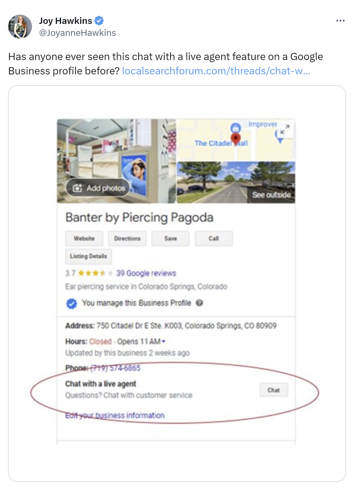 Screenshot of Google Business Profile showing an option to 'chat with a live agent'