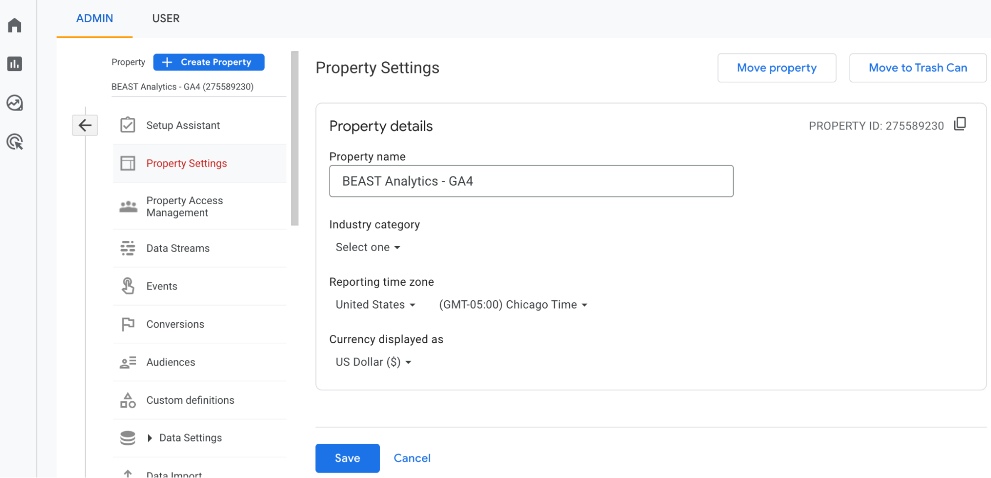 screenshot of a GA4 property settings, showing where to find the timezone and currency settings