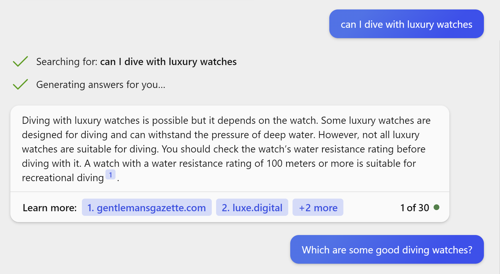 Chatbot answer for the query 'can I dive with luxury watches?”