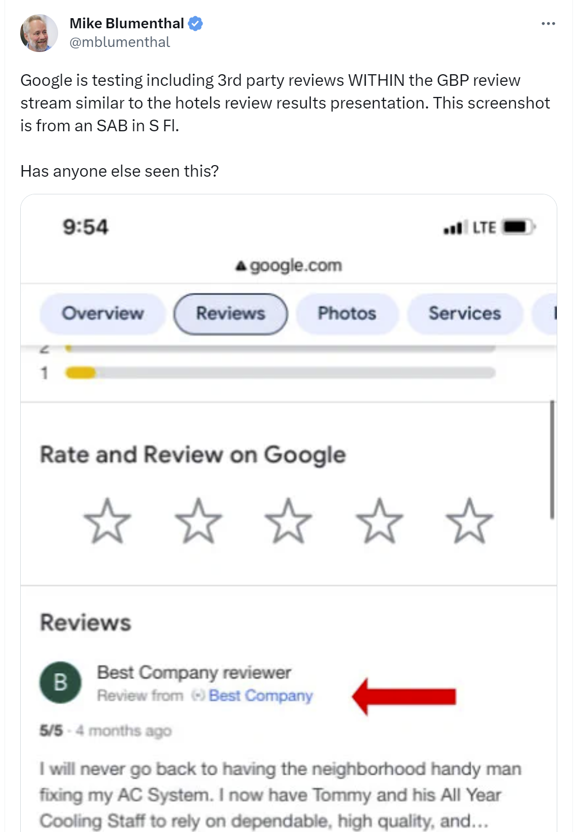Google listing with third party reviews