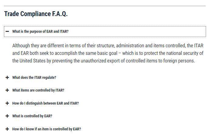 Trade compliance FAQ example.