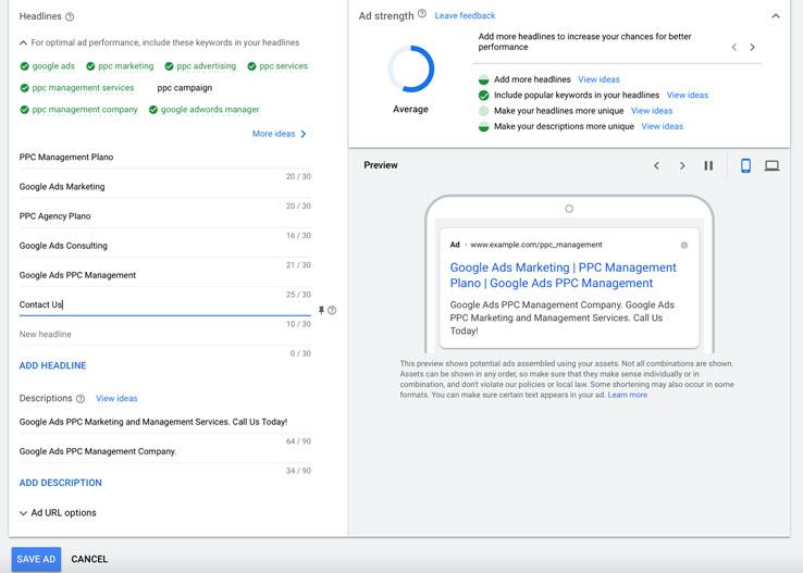 Entering headlines and descriptions for the responsive search ad