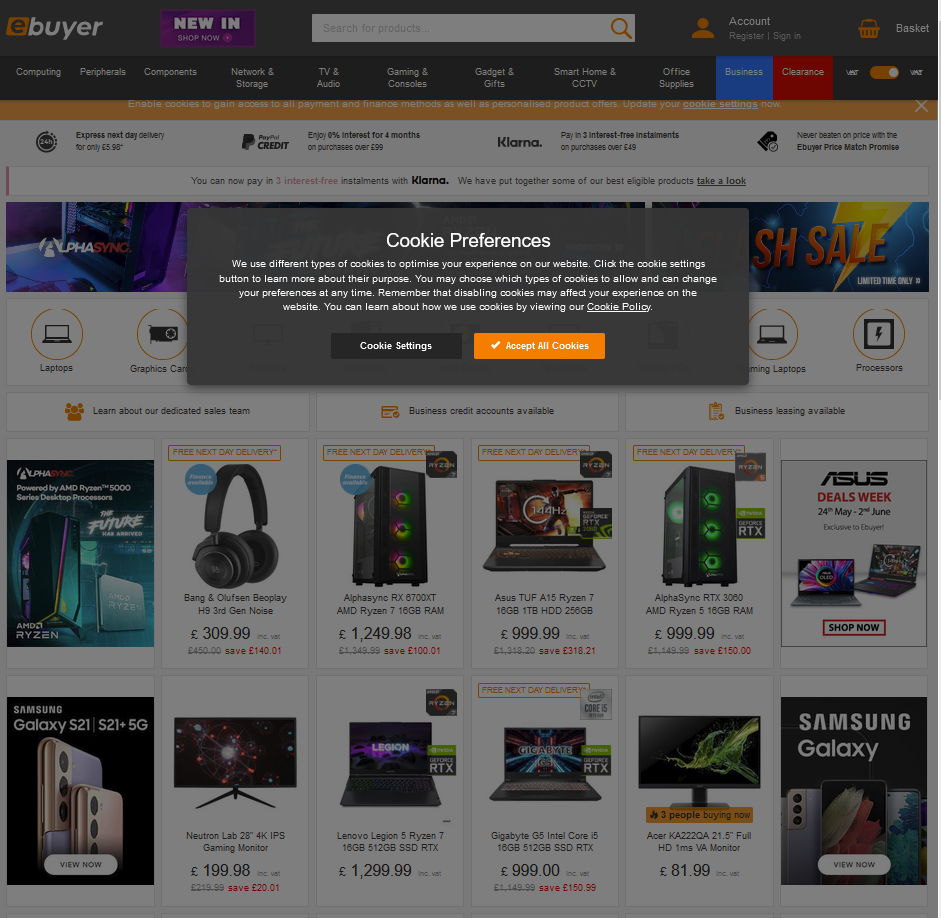 An example of the cookie overlay being the largest element on an Ebuyer page.