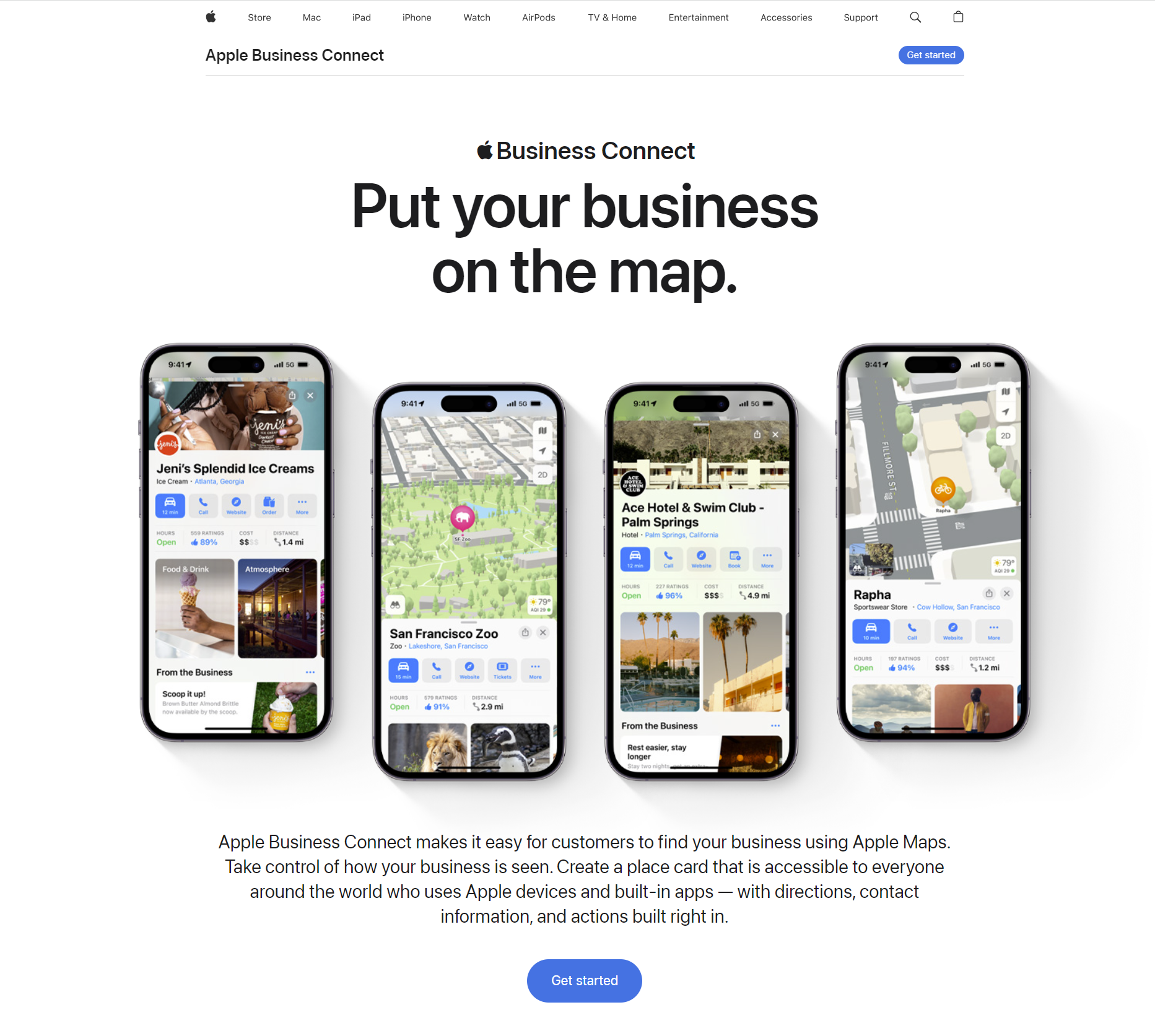 Homepage of Apple Business Connect showing business Place Cards on mobile phones.
