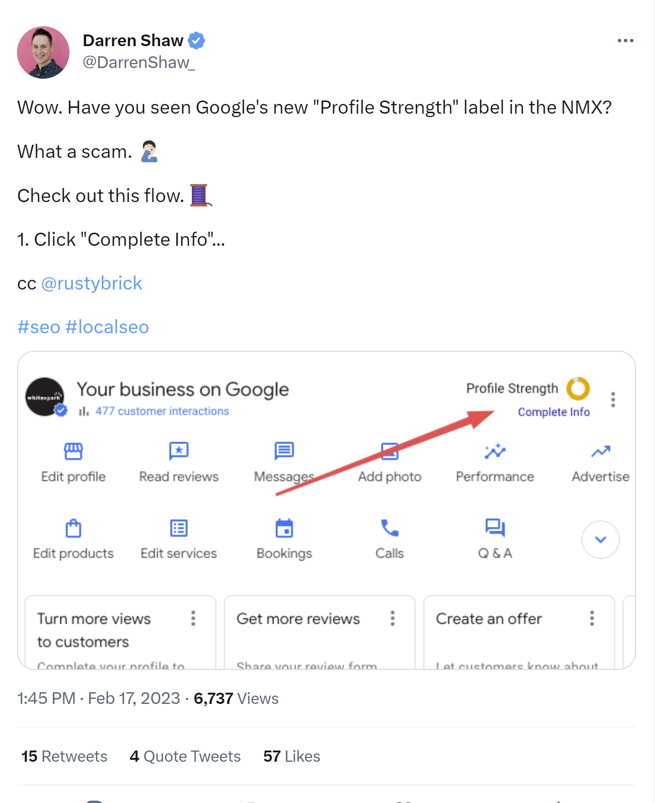 Darren Shaw screenshots the New Merchant Experience, highlighting the new Profile Strength metric. He expresses frustrating that it is really just a pitch for paying for Google Ads.
