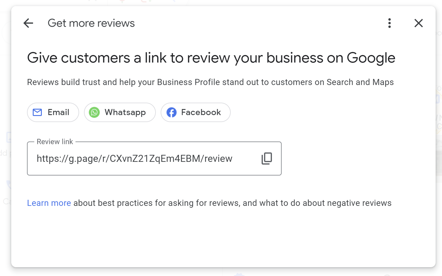 screenshot of new merchant experience popup containing a link to a local business review profile