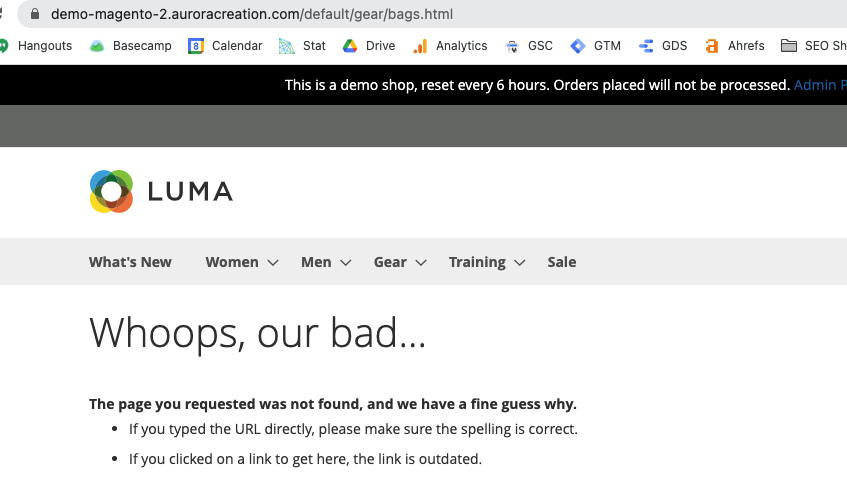 A broken page on a demo Magento site.