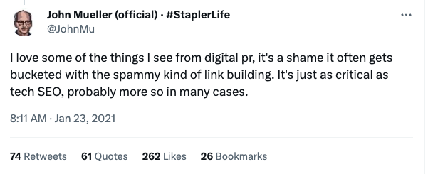 Screenshot of a tweet by John Mueller noting that digital PR is just as critical as technical SEO
