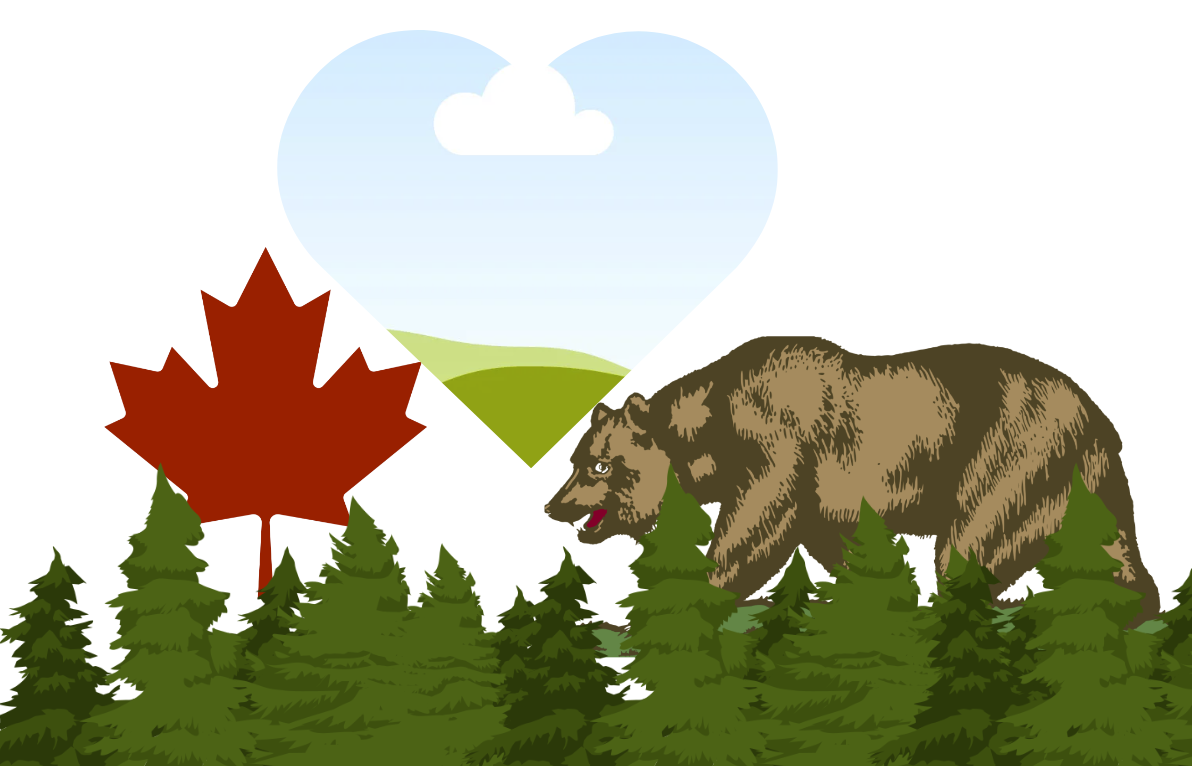 Canada's maple leaf and California's bear from flags, shown in a woodland.