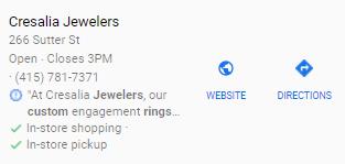 Cresalia Jewelers business listing with a post justification.