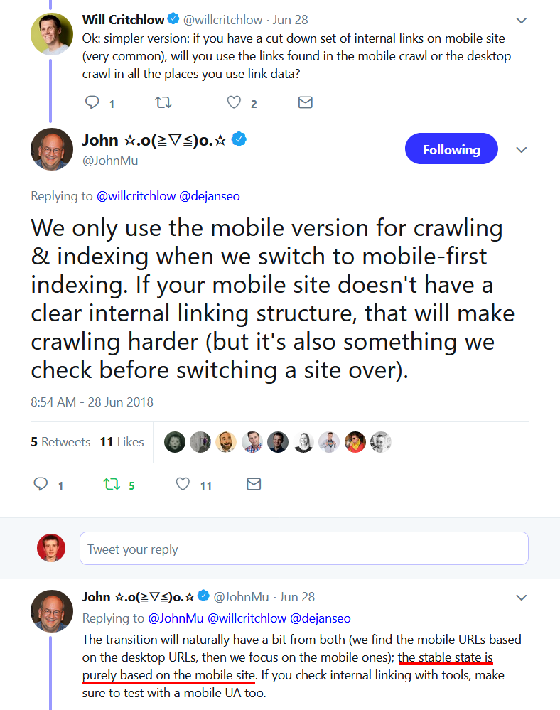 Tweet from Google's John Muller about mobile-first indexing.