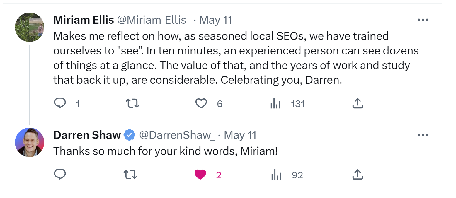 Screenshot of Miriam Ellis celebrating seasoned local SEOs and Darren Shaw thanking her.