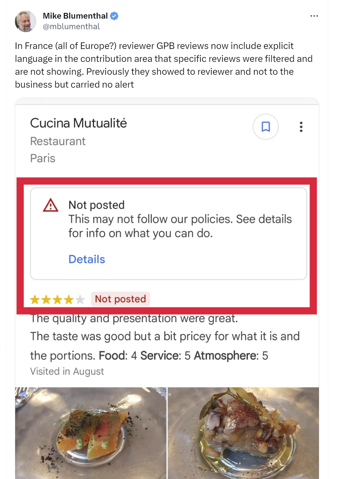 Warning to reviewer whose review isn't being posted due to potential guideline violations.