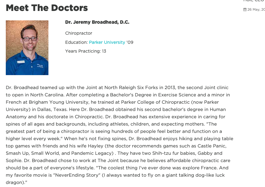 Screenshot of The Joint doctor bio.