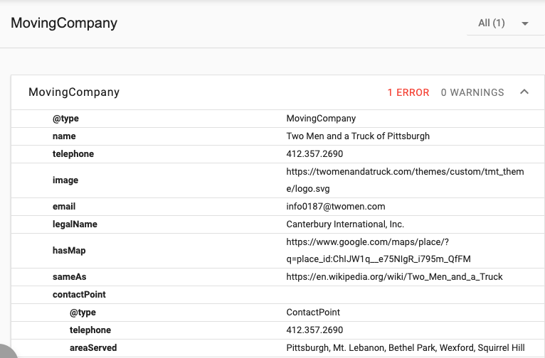 Screenshot of the MovingCompany structured data type and what it includes.