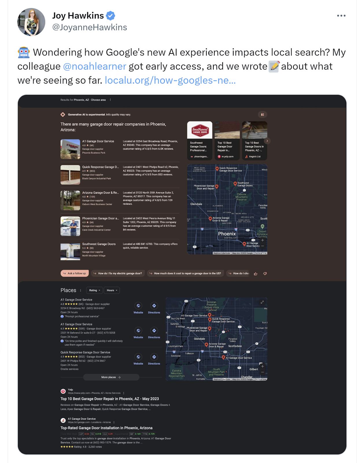 Tweeted screenshot previewing the test of Google's SGE