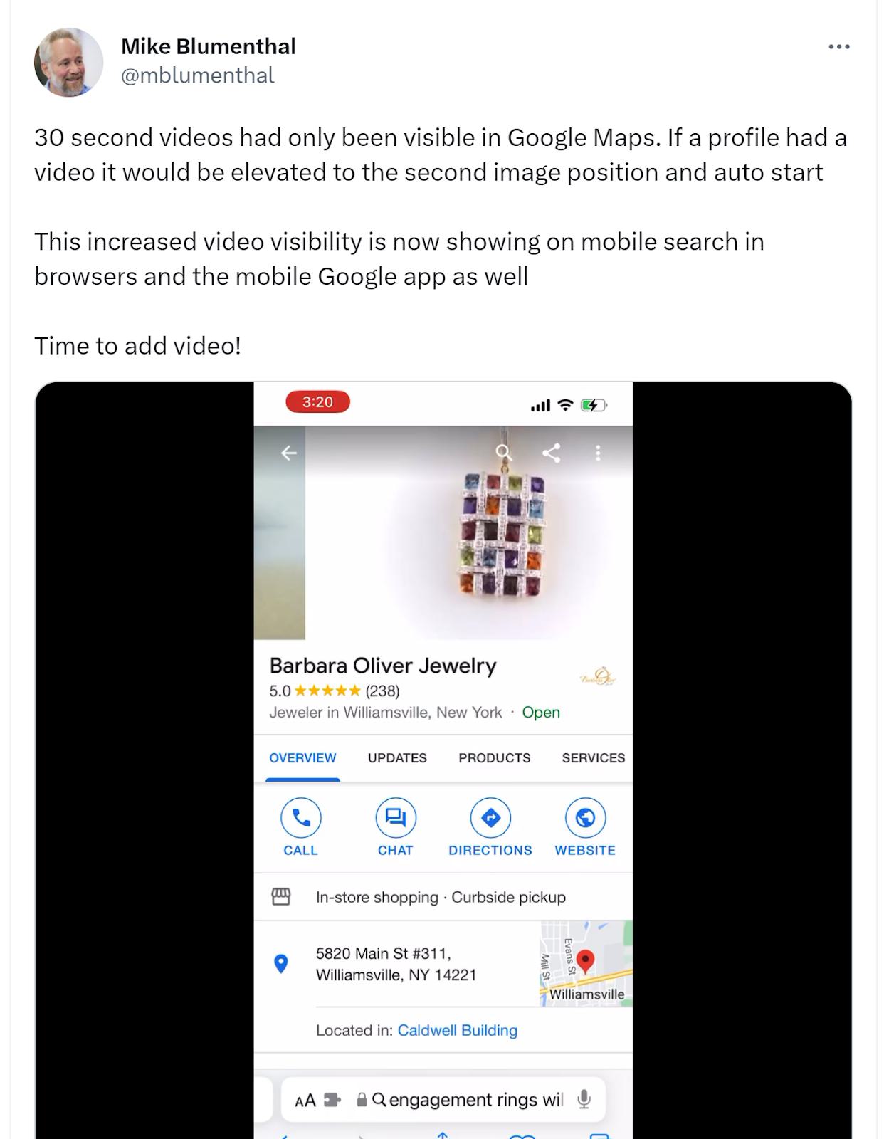 Tweet showing the increasing prevalence of video in Google Business Profiles