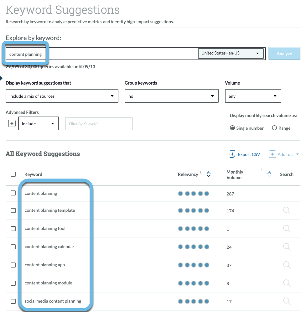 Screenshot of Keyword Explorer's Keyword Suggestion feature for