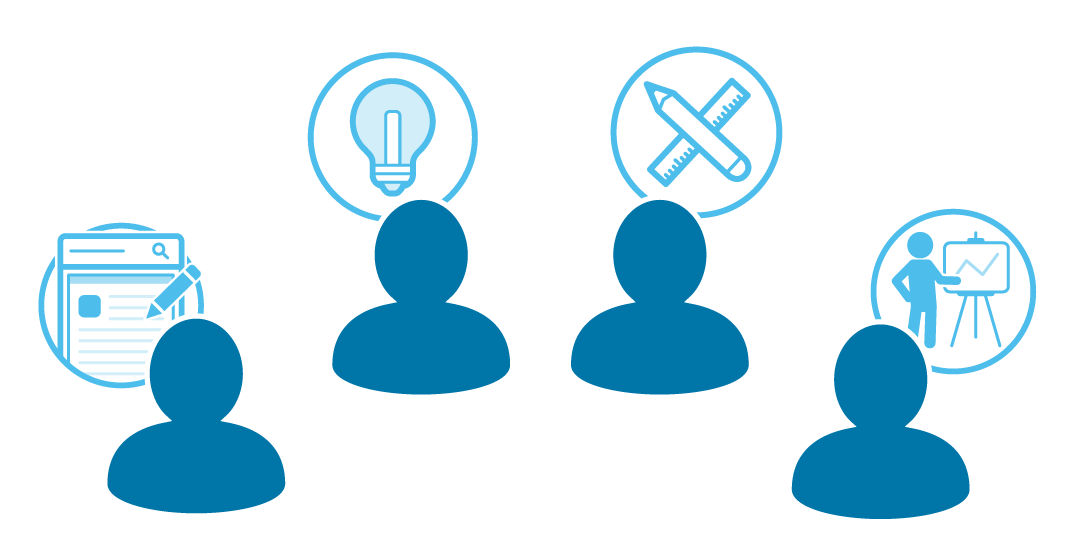 Illustration of several human silhouettes, each with a bubble representing which team member they are (writer, planner, etc.)