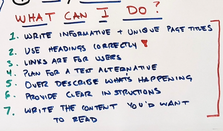 Handwritten list of seven things SEOs can do to apply accessibility practices in their work.