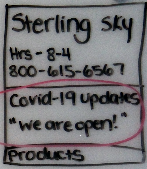 Hand drawing of a GMB listing for Sterling Sky with a red circle around a COVID-19 Google Post.