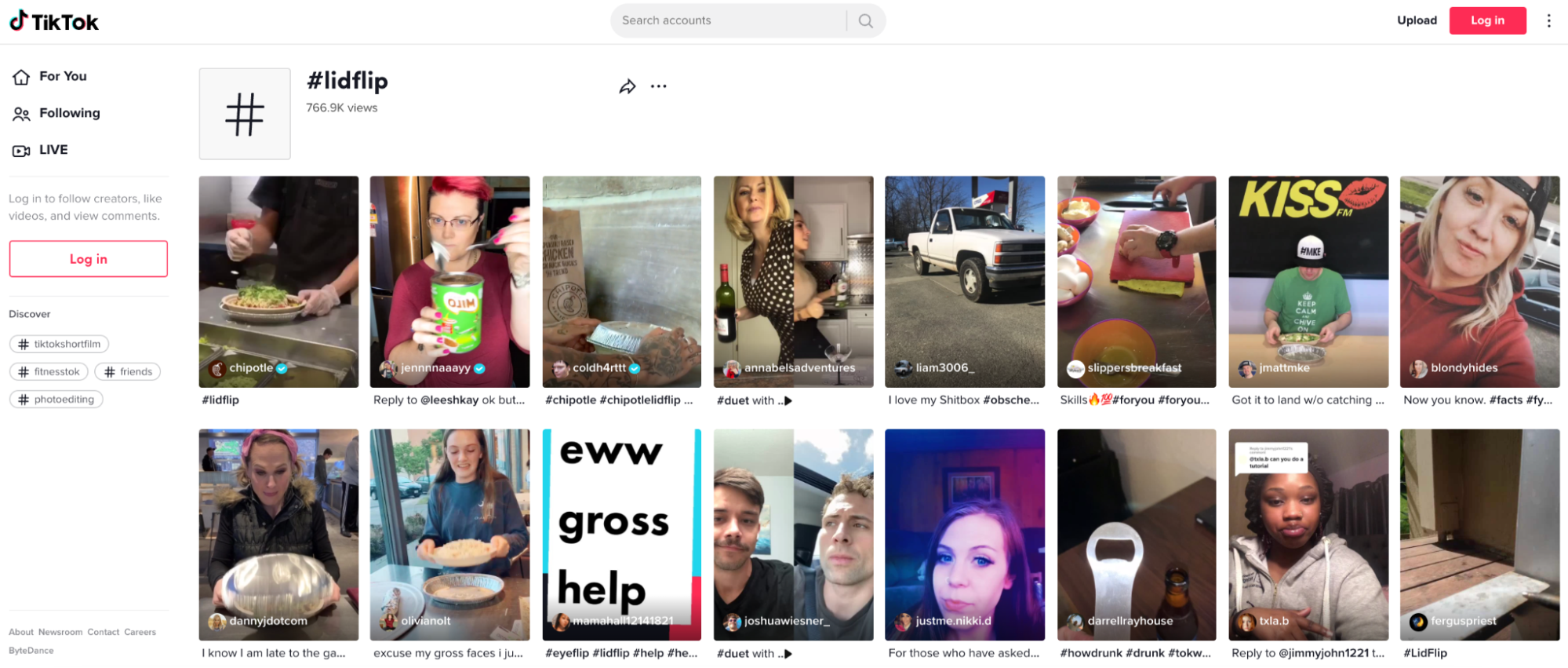 A screenshot of #lidflip page on TikTok, showcasing a number of videos created using the lidflip hashtag.