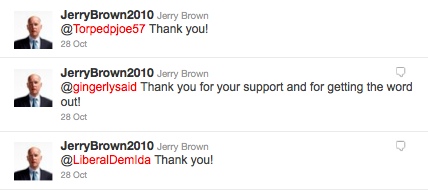 Brown's tweets attempting to connect with californians Brown's tweets attempting to connect with californians