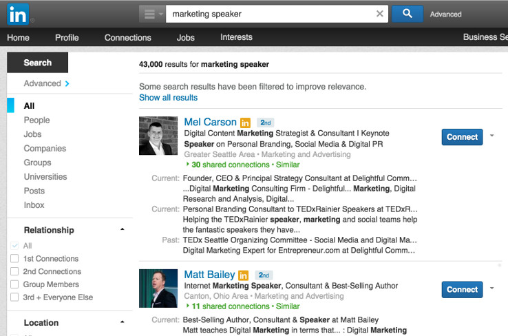 LinkedIN search for "marketing speaker"