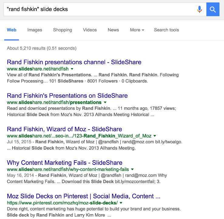 Rand Fishkin and slide deck results on Google