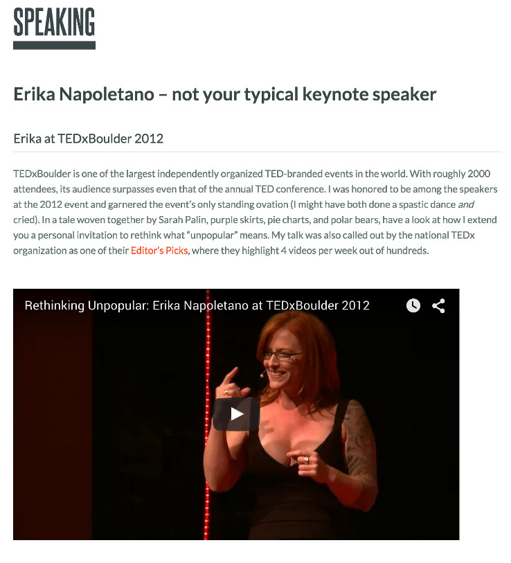 Erika Napoletano's speaking section on her website