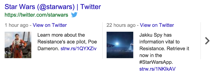 Star Wars tweet stream in Google results