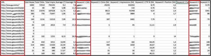 Keyword data and selected critical pages to assess in one spreadsheet.