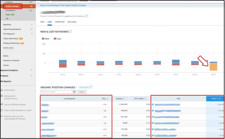 Screenshot: identifying which keywords the page was ranking for.