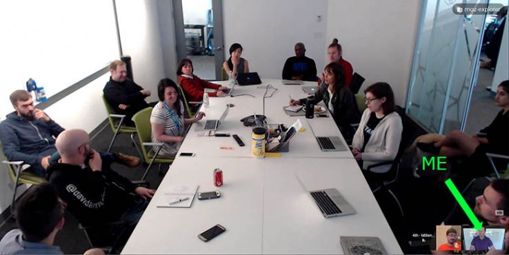 Google Hangout screenshot of the Moz Keyword Explorer team during a meeting. Russ is connected remotely in the corner.